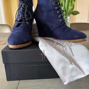 Giuseppe Zanotti Navy Leather and Suede Ankle Boots wedge